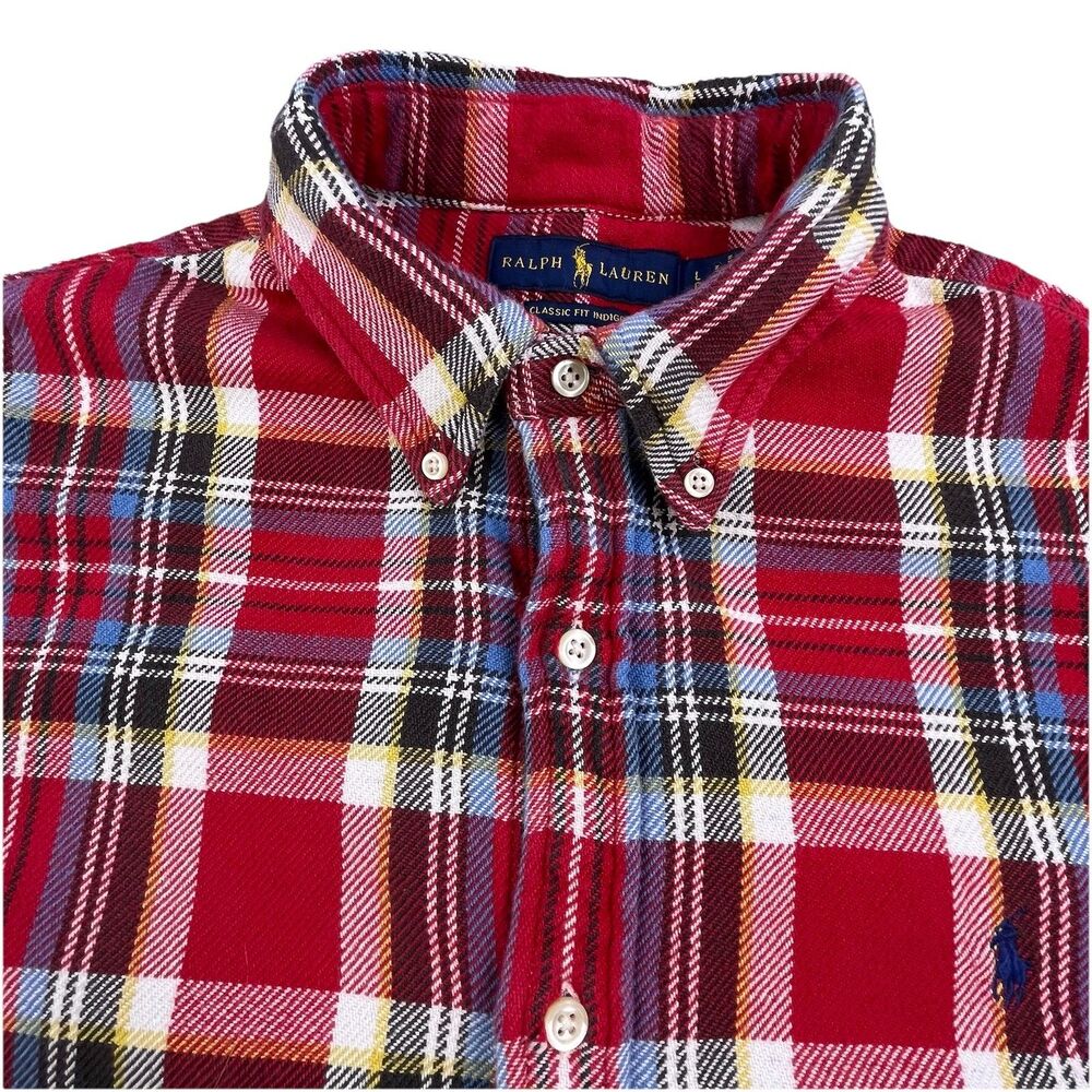 Polo Ralph Lauren Flannel Shirt Mens Large Plaid Classic Fit Indigo RL Untucked